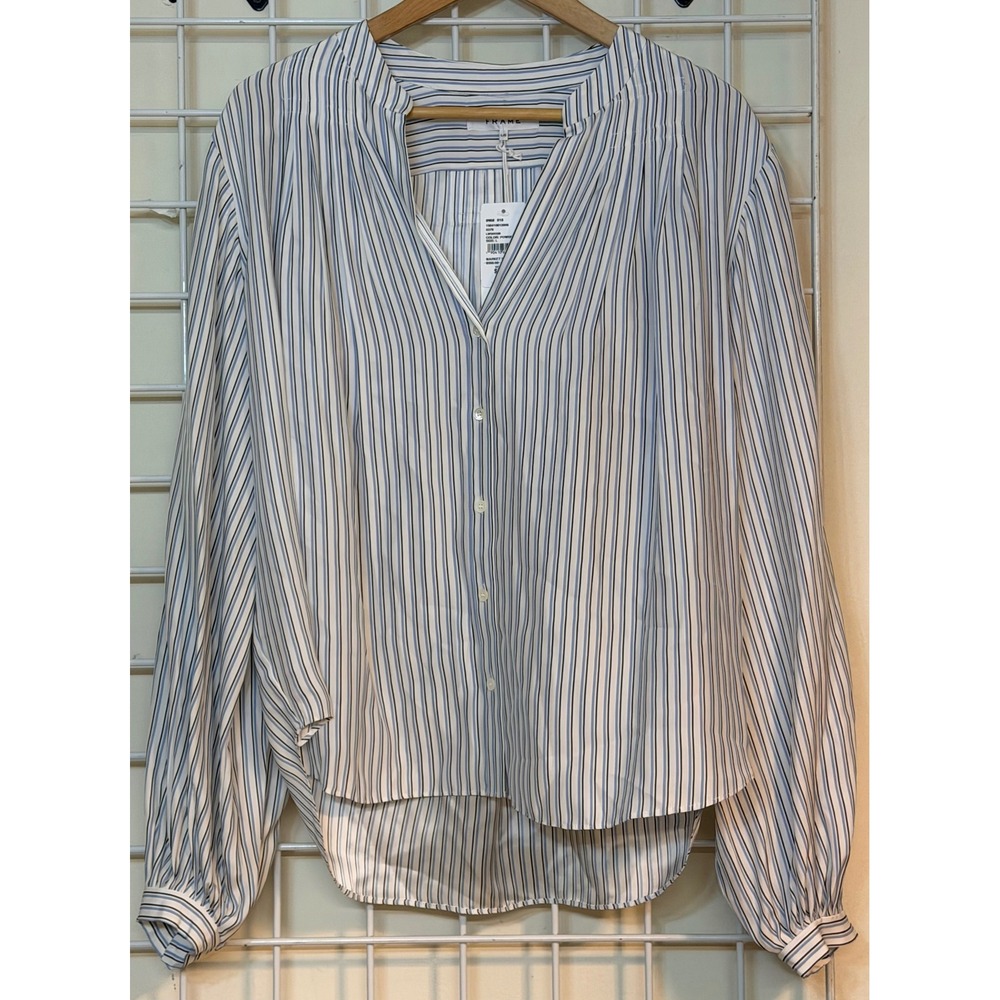 FRAME 100% Silk Women's Powder Multi Striped Popover Blouse Size large NWT - Picture 2 of 7